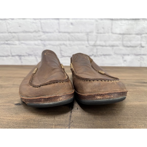 OluKai Moloa Brown Leather Slip On Loafer Collapsable Back Shoes Mens Size 9.5 - Picture 2 of 11